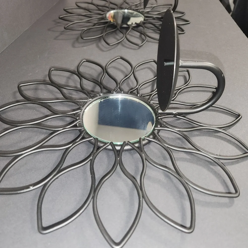 UNBRANDED Flower Wall Sconce Set OS Black Metal Mirror Candle Holder Home Decor